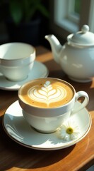 Elegant cappuccino with intricate latte art in a white cup beside a teapot and cookies on a wooden table near a window