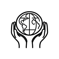 Earth in Hands Outline Style, World Globe with Transparent Background, Minimalist Design
