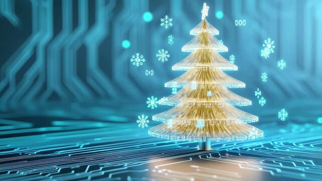 Futuristic christmas tree with digital snowflakes on circuit board background