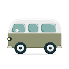 Vector illustration of a retro style minibus in olive and white colors. Isolated on white background. Suitable for travel, vintage transport and nostalgic design themes