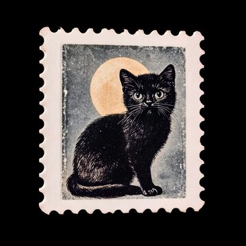Vintage cat stamp illustration animation isolated asset, transparent 4K video, alpha channel, ProRes 4444