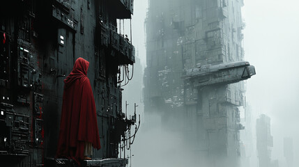Hooded figure in red cloak stands on ledge of dystopian sci-fi city with misty skyscrapers and futuristic architecture.