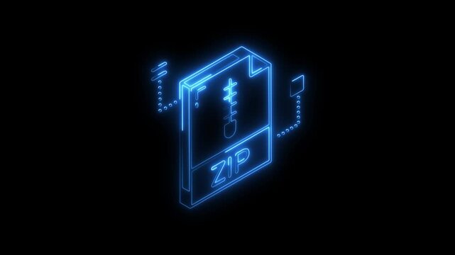Glowing neon zip file icon 4k isolated on black background. HD Video motion graphic animation