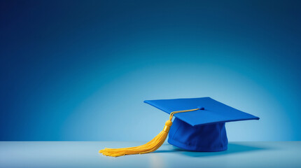 A royal blue graduation cap, symbolising academic achievement and the bright future awaiting a graduate, rests on a light blue surface against a vivid blue backdrop.
