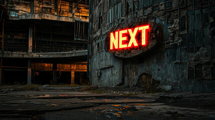 Naklejka premium Glowing red NEXT sign on crumbling facade of abandoned, decayed building in post-apocalyptic urban environment at dusk.