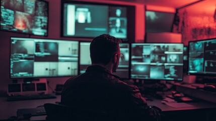 Cybersecurity specialist intensely monitoring digital data streams in dark control room