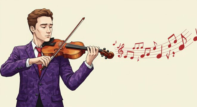 male violinist in purple geometric pattern suit playing violin with red musical notes on beige background. Stylized illustration. Classical music, string performance. Orchestra concerts, solo recitals
