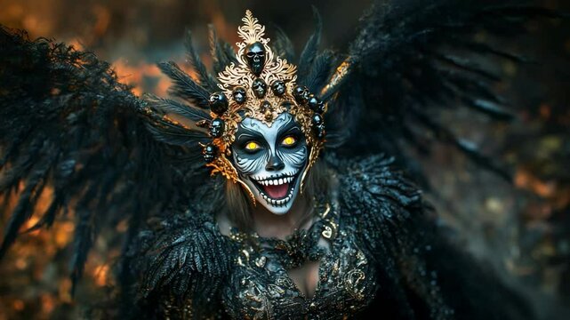 Ethereal entity with glowing eyes and golden crown in enchanted forest