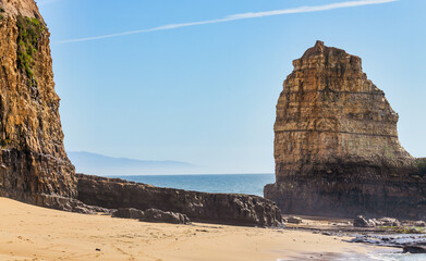 Beautiful aerial view of pillar rock on Four Mile Beach, near Santa Cruz. Concept, tourism, travel,...