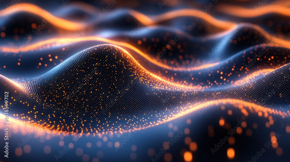 Poster dynamic abstract waves illuminated by glowing particles, creating a futuristic atmosphere and visual