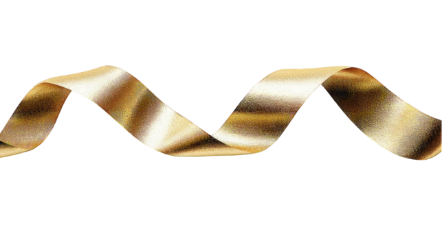 Elegant gold satin ribbon twisted in a wave pattern against clean isolated on transparent background