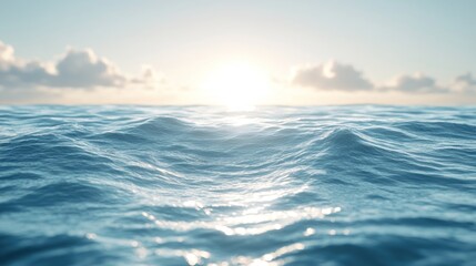 serene seascape at sunrise featuring gentle ocean waves reflecting sunlight with soft clouds in the distance creating a peaceful atmosphere