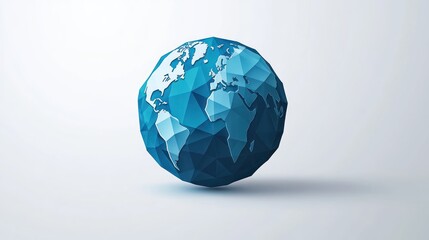 Low-poly blue Earth globe, digital rendering, white background, global concept