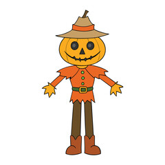 A spooky scarecrow with a grinning pumpkin head, tattered clothes, and straw limbs, standing guard in a haunted field under the moonlight.