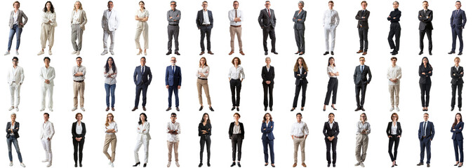 Many business people set isolated background, casual formal attire wear, full body length, networking mixed different diversed businesspeople, happy male female, successful career, crisp edges style