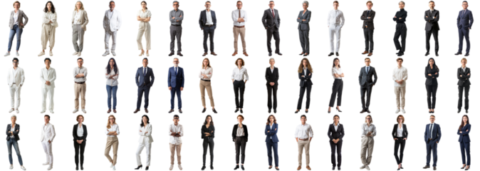 Many business people set isolated background, casual formal attire wear, full body length, networking mixed different diversed businesspeople, happy male female, successful career, crisp edges style