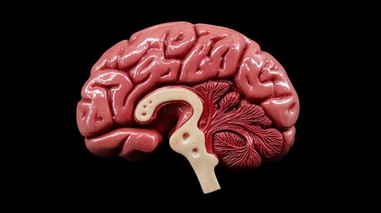 Anatomical brain model, sagittal view, black background, medical education