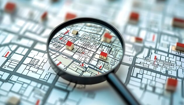 Urban planner examines map with magnifying glass to find suitable plot for residential construction project. Searching vacant land for development. Concept of real estate investment, land management.,