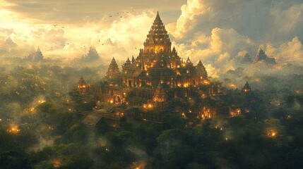 Majestic ancient temple illuminated by golden lights at dusk surrounded by lush greenery and misty mountains in an enchanting landscape