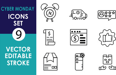 Cyber Monday icon set featuring 9 editable vector line icons: alarm clock, delivery, review, receipt, payment, like, package, coupon, and mobile shopping