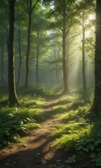 Fototapeta premium Sunbeams dapple forest floor, illuminating vibrant green foliage , flora, golden