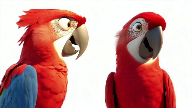 Animated parrot engages in lively interaction: expressive beak movements and vibrant colors