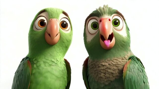 Cheerful animated parrots sharing a lively moment with expressive changes in mood