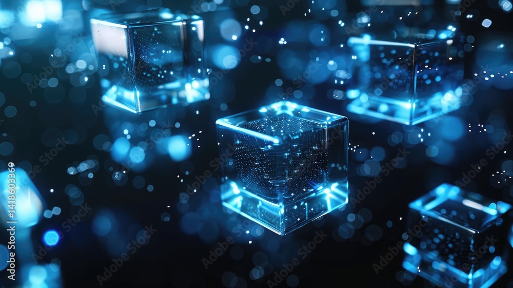 Poster abstract digital art with blue glowing cube and particles. digital artwork of transparent cube with 