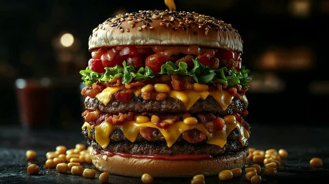 Juicy double cheeseburger with dripping cheese and crispy garnish in restaurant focus