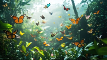 Enchanted forest with a vibrant swarm of butterflies in a mystical atmosphere