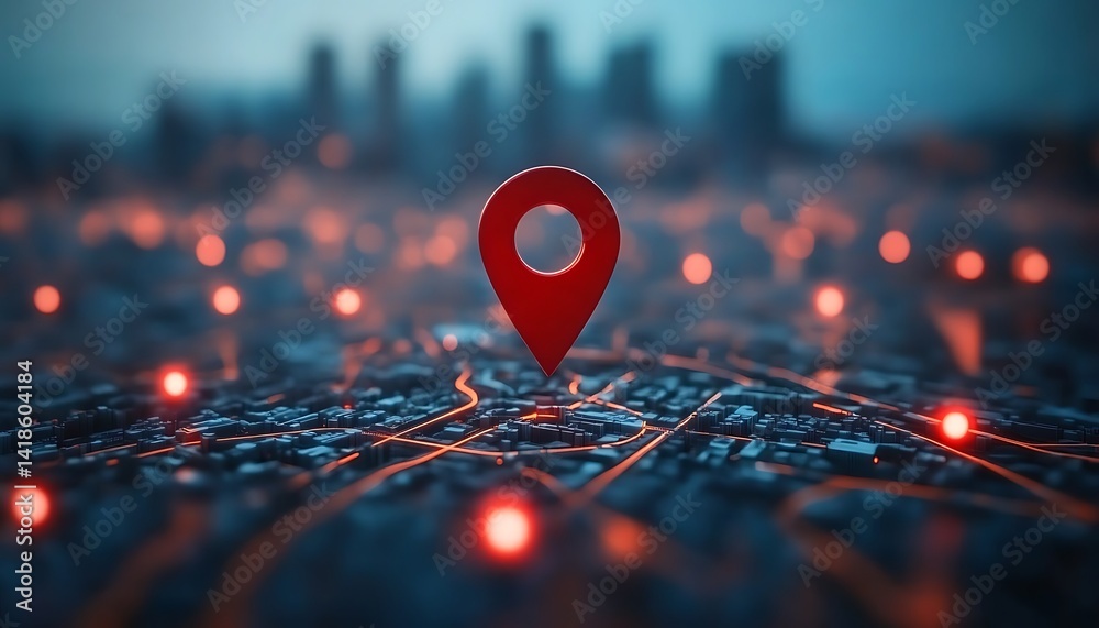 Poster digital map interface shows red location marker. city landscape blurred background. tech map display