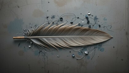 Top view of feather on canvas with paint traces, creative concept