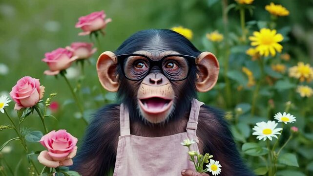 Curious chimp in glasses exploring vibrant flower garden with playful expressions