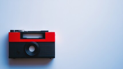Red retro camera, minimalist background, copy space, photography concept