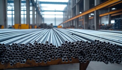 Bundled aluminum rods organized in warehouse await remelting to produce foil, alloys, metal products in metallurgy industry. Ferric raw material supply storage on factory. 