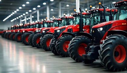 New red tractors lined up in row at factory. Precise lineup agricultural machinery showcasing latest advancements farming tech. Heavy industrial equipment for agribusiness. Tractor exhibition,