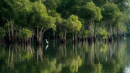 Calm, lush mangrove forest reflecting in water