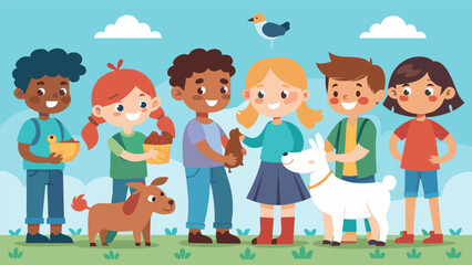 A group of children excitedly line up for a chance to pet and feed the friendly farm animals from goats to chickens.. Vector illustration