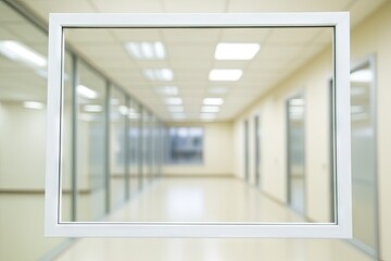 Fototapeta premium Office hallway view through a window frame