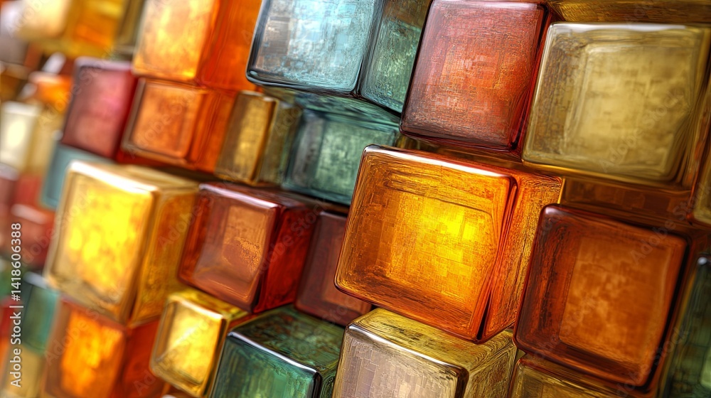 Poster colorful glass blocks arranged in a vibrant pattern in a modern setting capturing intricate textures