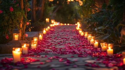 romantic pathway illuminated with candles and rose petals creating a dreamy ethereal ambience for a special occasion or celebration