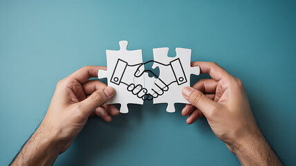 Hand Holding Puzzle Pieces with Handshake Drawing on Blue Background Business Collaboration and Agreement Concept