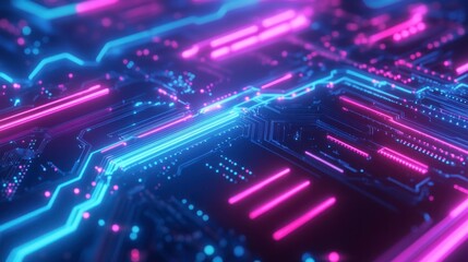 Obraz premium Abstract Digital Circuit Board in Neon Colors with Light Effects
