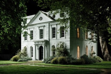 Naklejka premium Night Garden with Tree Bench and Classic Architecture 