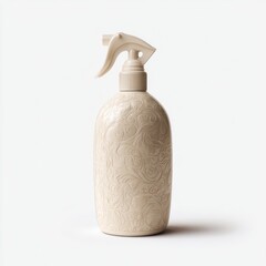 Decorative Beige Spray Bottle with Intricate Pattern on White Background