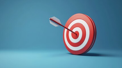 Red arrow hitting bullseye target on blue background; success concept