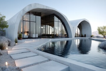 Obraz premium Modern White Curved Building with Reflecting Pool and Mountain Views