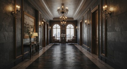 Obraz premium Dark Elegant Hallway Interior Design with City View