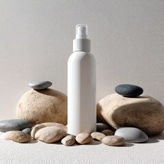 Minimalist Skincare: White Spray Bottle with Smooth Stones