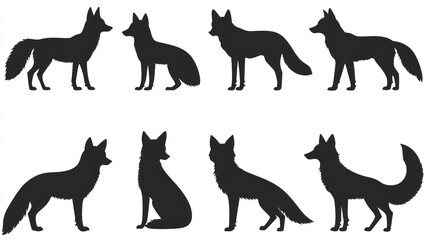 Eight fox silhouettes, various poses, white background, wildlife illustration (1)
